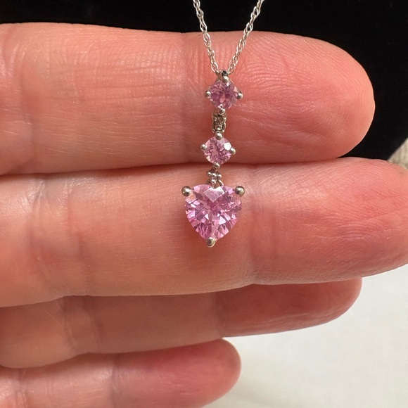 10K White Gold Necklace With 3 Pink & 1 White Sapphire Heart Round Pendant - Picture 3 of 9
